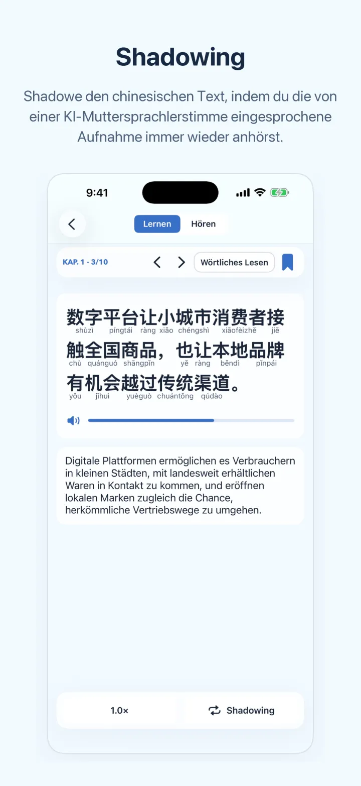 News-Chinesisch lernen: Shadowing-Ansicht – chinesischer Originaltext mit Pinyin samt Tonzeichen, Audioleiste und deutsche Übersetzung
