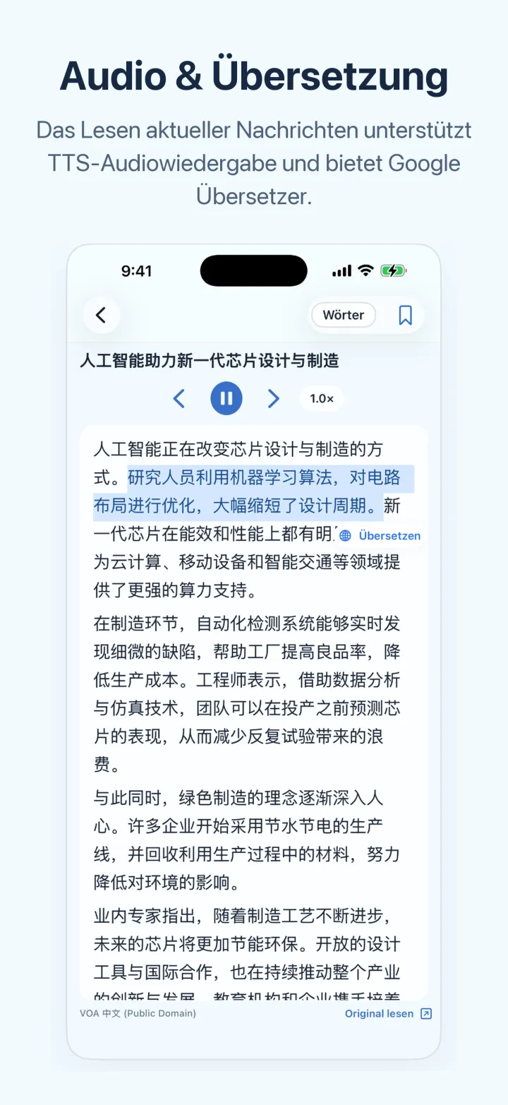 News-Chinesisch lernen auf dem iPhone – Audio & Übersetzung