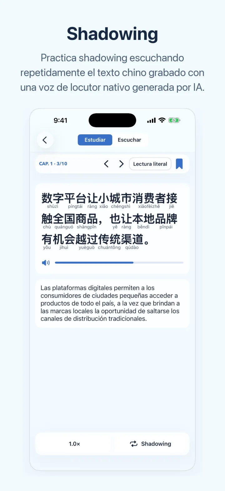 Chino con noticias: pantalla de Shadowing – texto original en chino con pinyin y tonos, barra de reproducción de audio y traducción al español