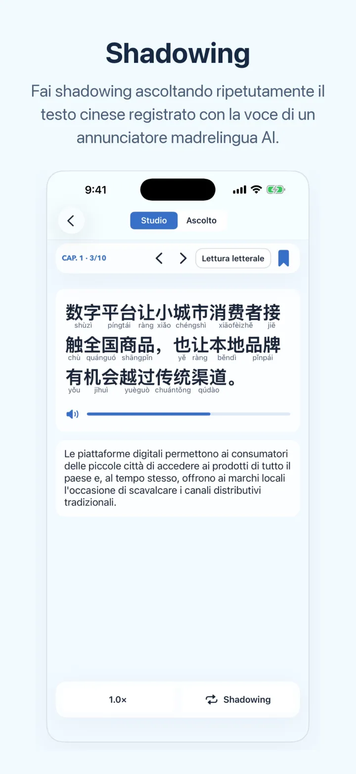 Schermata Shadowing di Cinese delle news – testo originale cinese con pinyin e toni, barra di riproduzione audio e traduzione in italiano