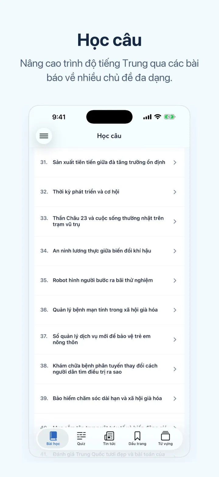 Màn hình iPhone của Học tiếng Trung qua tin tức – Học câu
