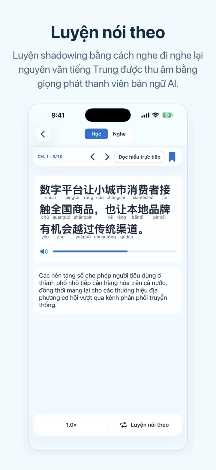 Màn hình luyện nói theo của Học tiếng Trung qua tin tức – nguyên văn tiếng Trung với pinyin kèm thanh điệu, thanh tiến trình âm thanh và bản dịch tiếng Việt