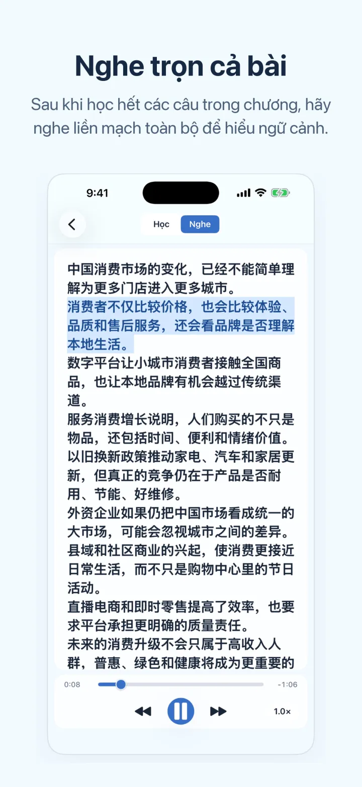 Màn hình iPhone của Học tiếng Trung qua tin tức – Nghe trọn cả bài